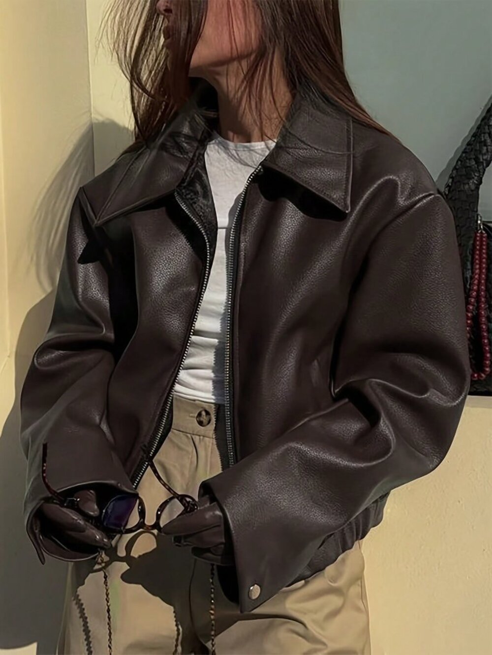Brown Casual Women's Plus-Size Unlined Drop Shoulder Biker Jacket